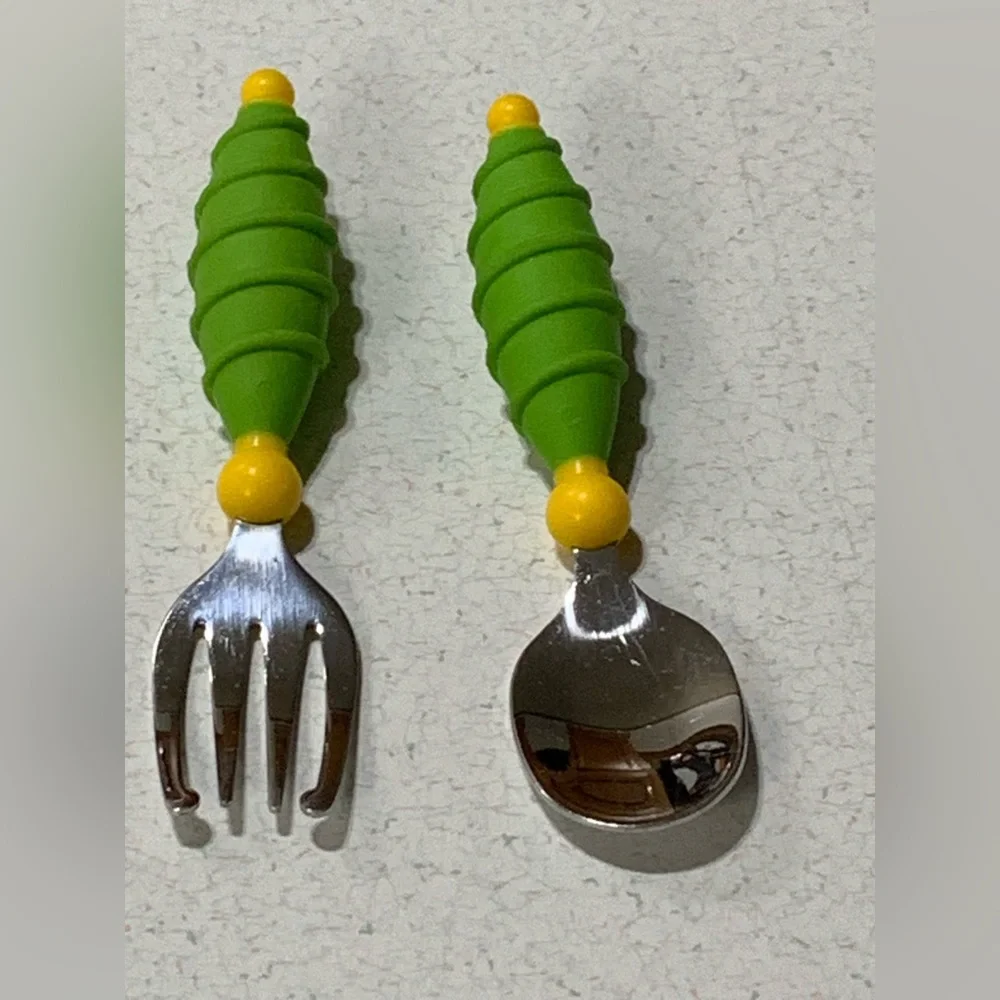 Vintage 90’s Gerber Fork & Spoon Set. Green & Yellow, Chunky Knubby Handle, 5